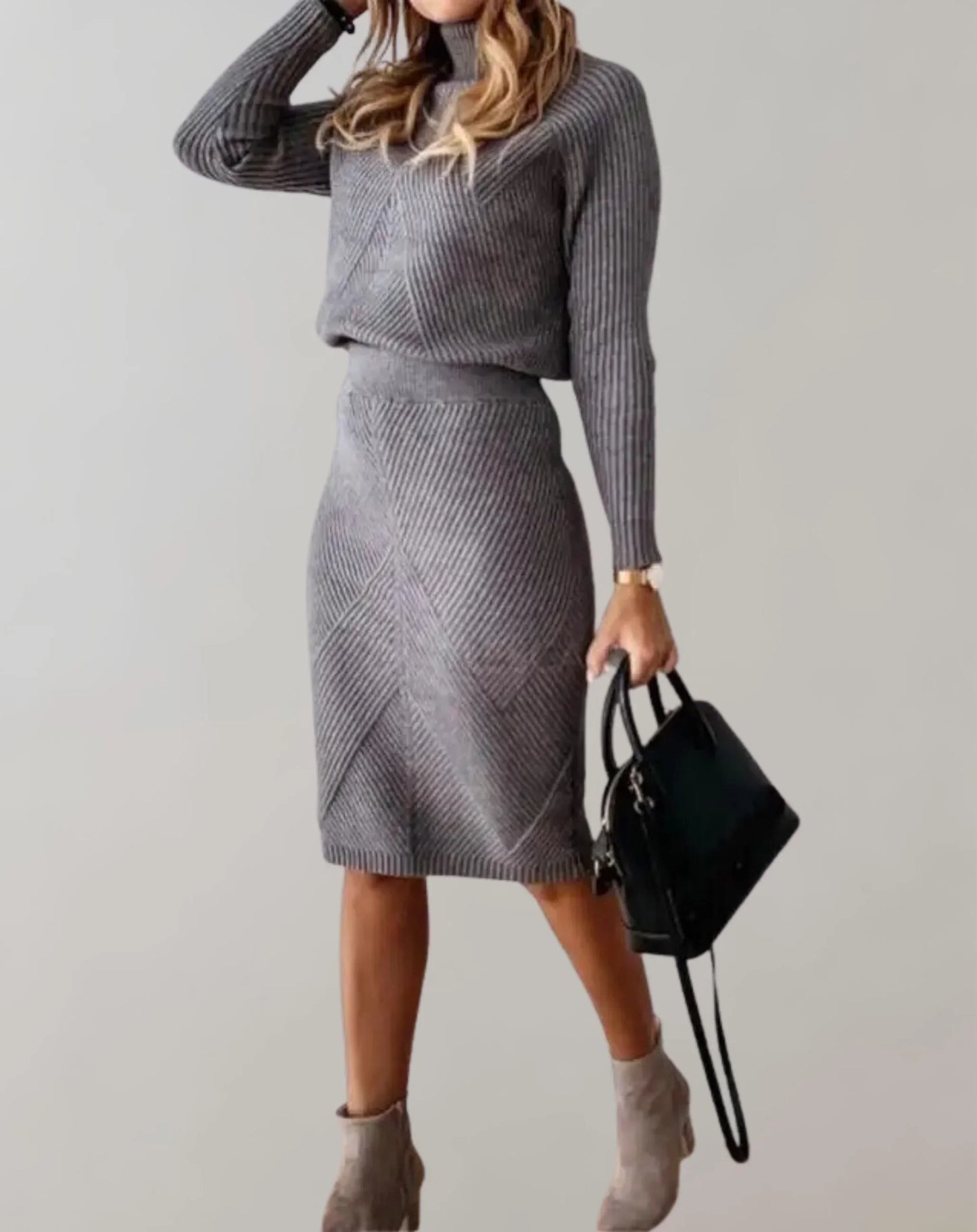 WW | Ribbed Two-Piece Set Slim Fit Turtleneck Sweater and Midi Skirt