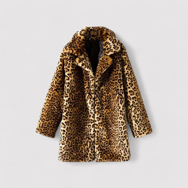 WW | Women's Classic Leopard Print Coat | Plush Faux Fur Overcoat | Mid-Length with Lapels