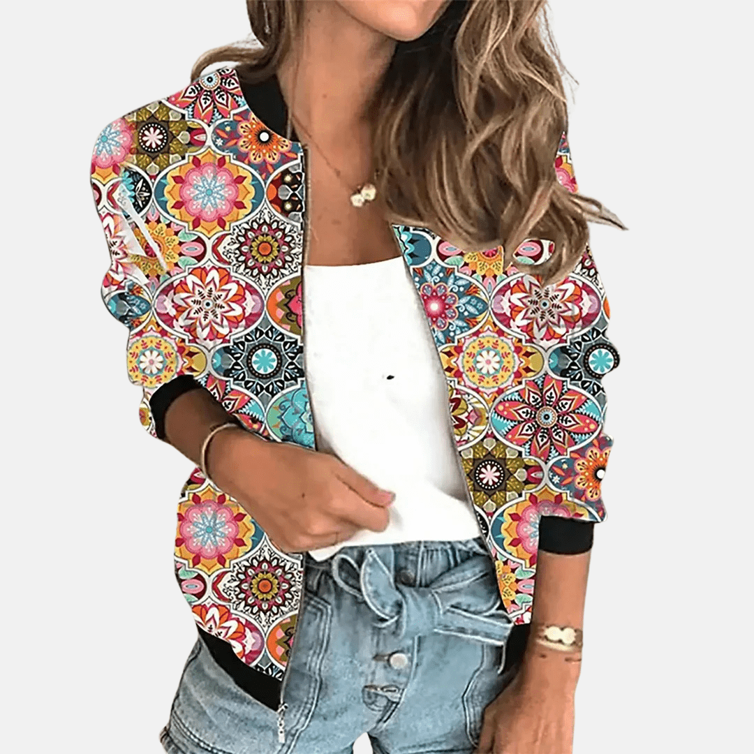 WW | Floral Bomberjacke - Leichter Reißverschluss mit botanischem Druck - Lässige Schicht für Übergangs wetter