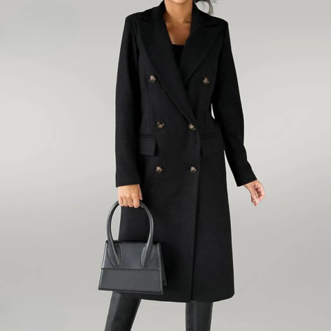 WW | Women's Long Wool Blend Coat - Double-Breasted - Tailored - With Lapel Collar