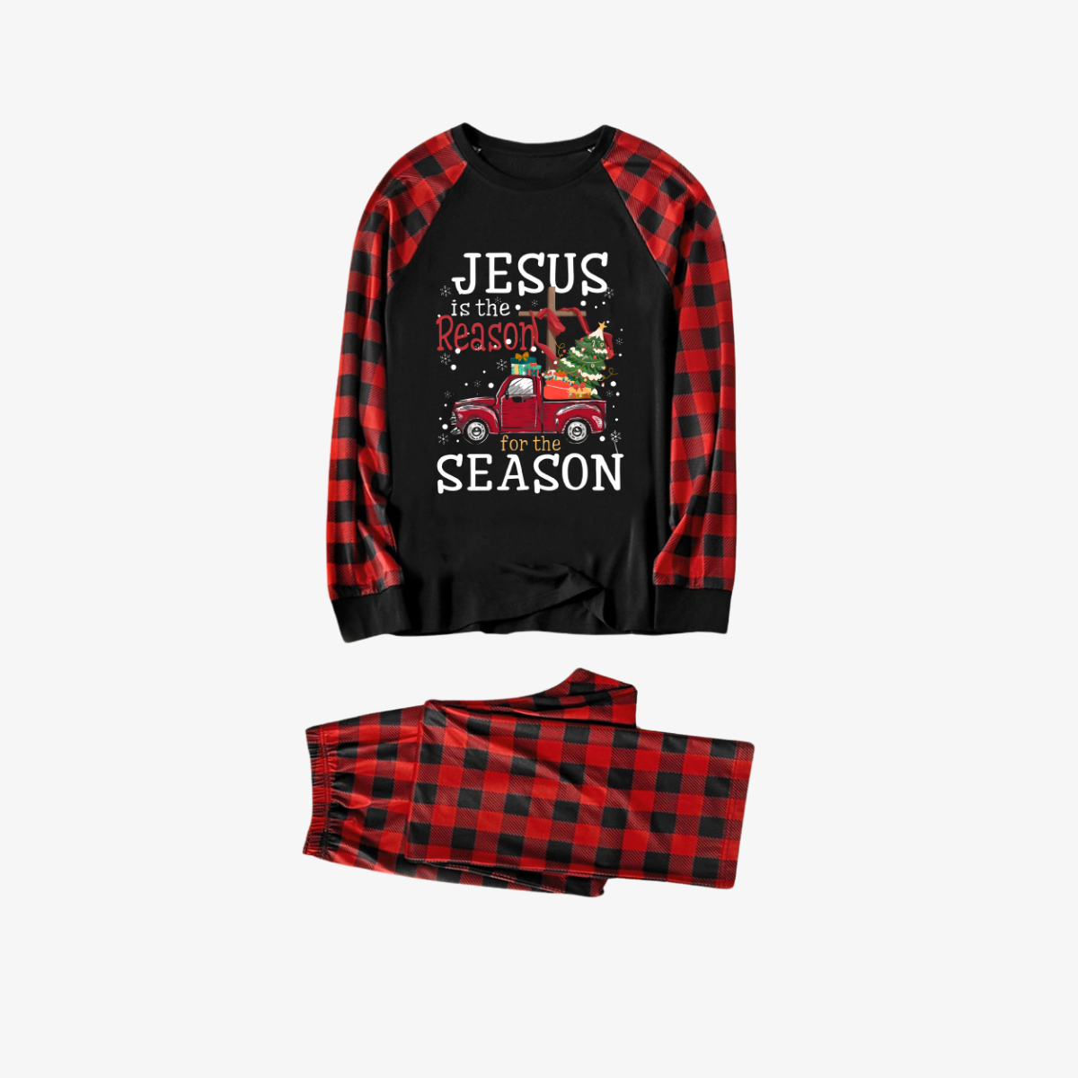 WW | Rot und Schwarze Karierte Weihnachts-Pyjama-Set mit "Jesus ist der Grund für die Jahreszeit" Textdruck