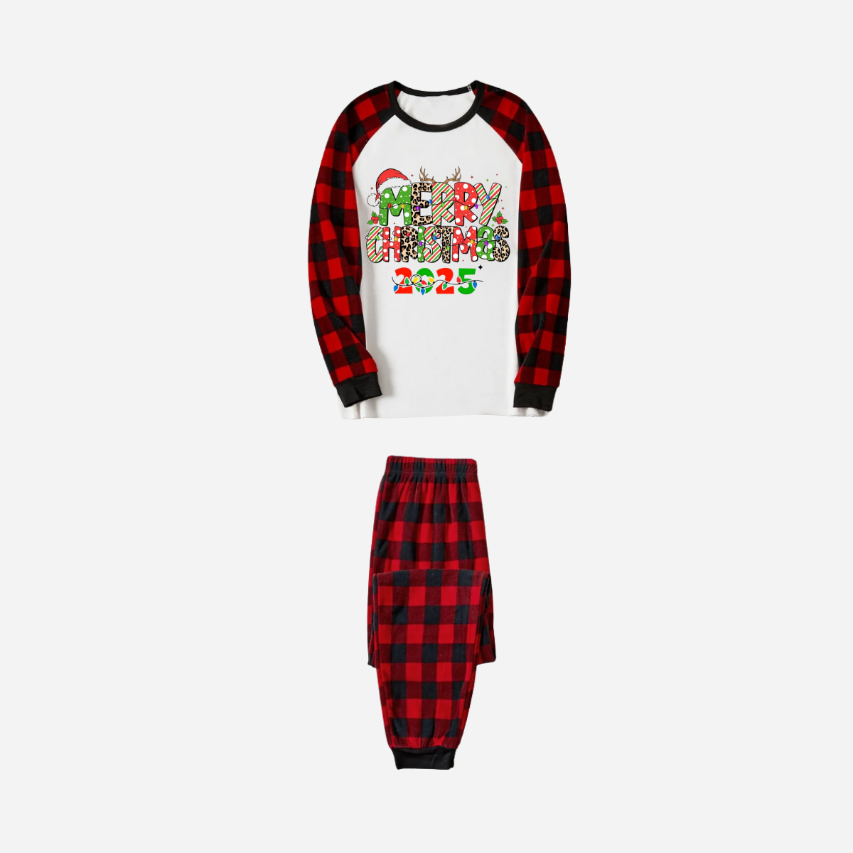 WW | Merry Christmas 2025 Family Christmas Pajama Set - White Top with Red Plaid Sleeves and Red Plaid Pants
