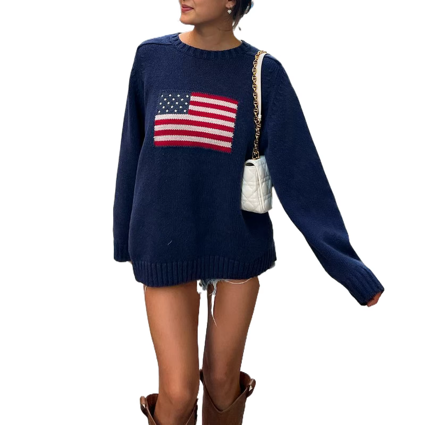 WW | Damen Pullover mit Flaggen-Motiv - Strick Sweater im Retro-Look für Herbst & Streetstyle