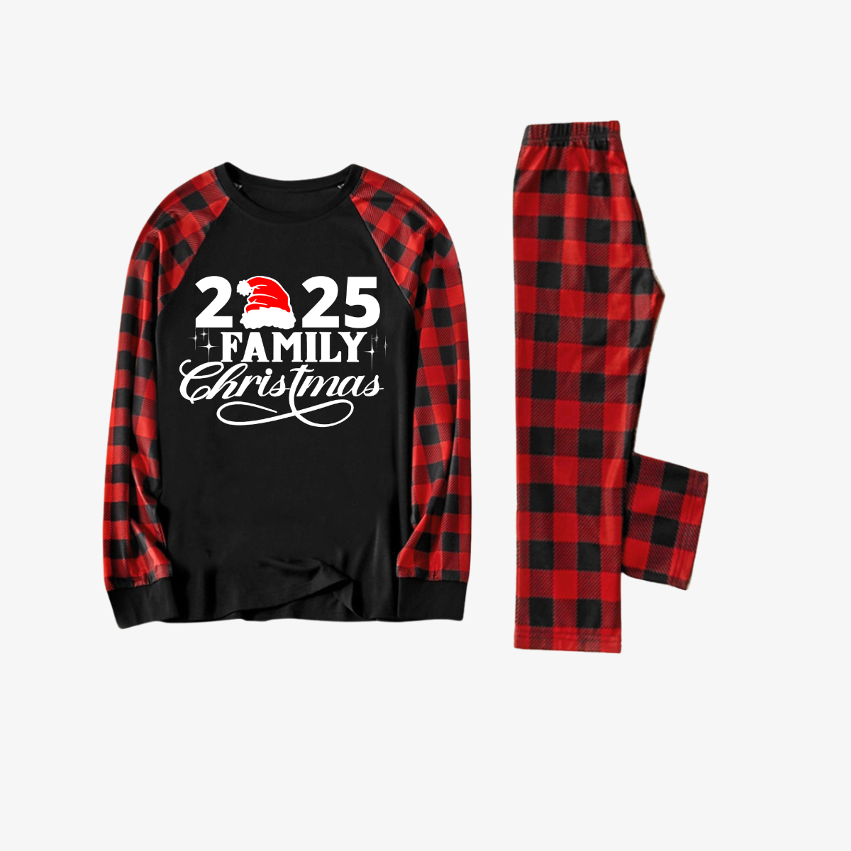 WW | "2025 Familie Weihnachten" Buchstaben Druck Schwarz & Rot Karo Familie Passende Schwarze Pyjamas