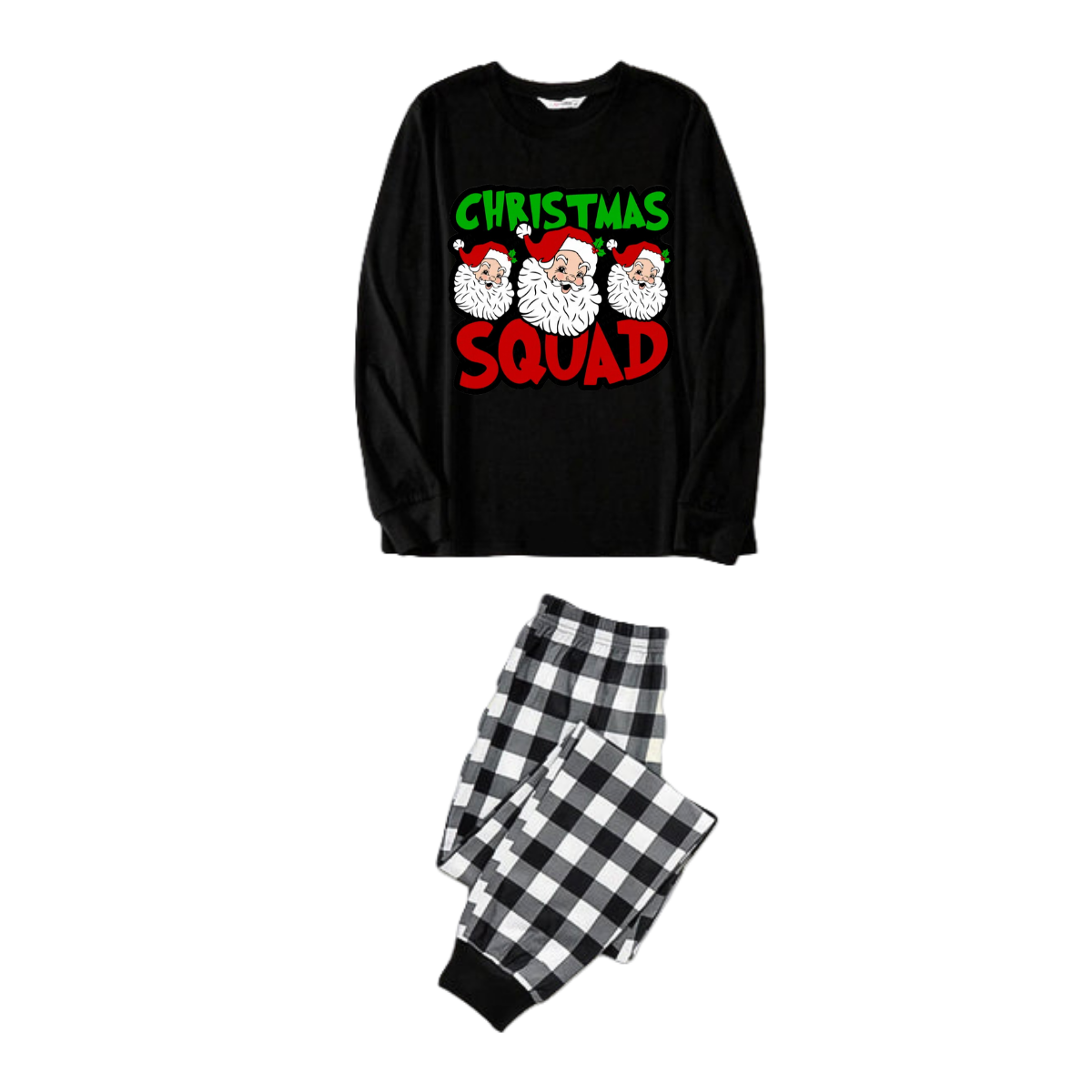 WW | "Santa Squad" and Santa Claus Print Black Long-Sleeve T-Shirt with Black and White Plaid Pants Family Matching Pajamas