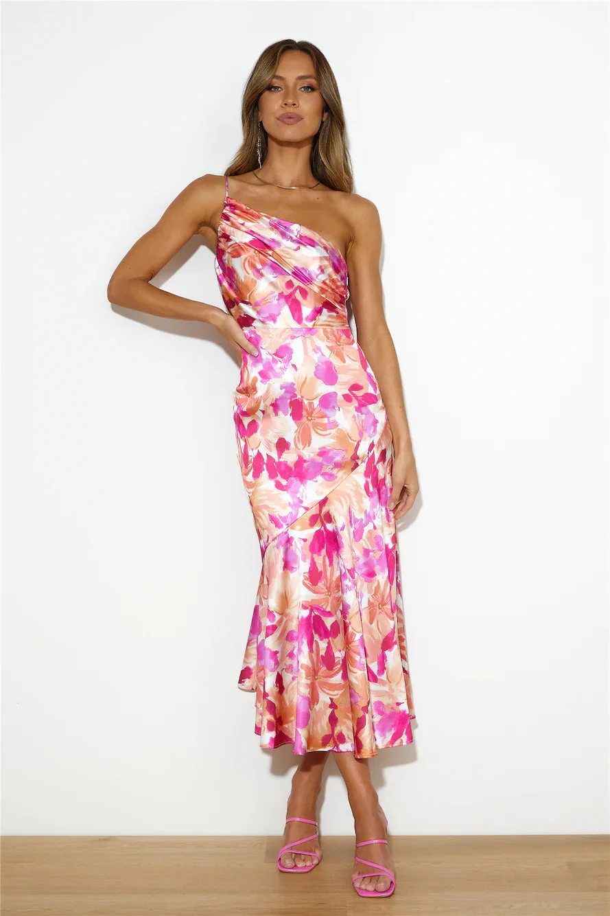 Floral Satin Ruched One-Shoulder Dress