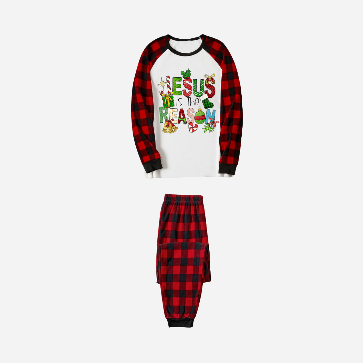 WW | Christmas Cartoon Family Christmas Pajama Set - White Top with Red Plaid Sleeves and Red Plaid Pants and "Jesus is the Reason" Design