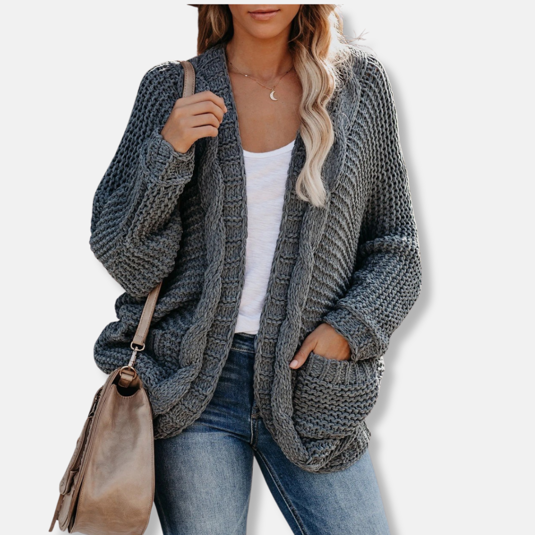 WW | Woll Übergroßer Cardigan - Gerippter Offener Fronttaschen Cardigan