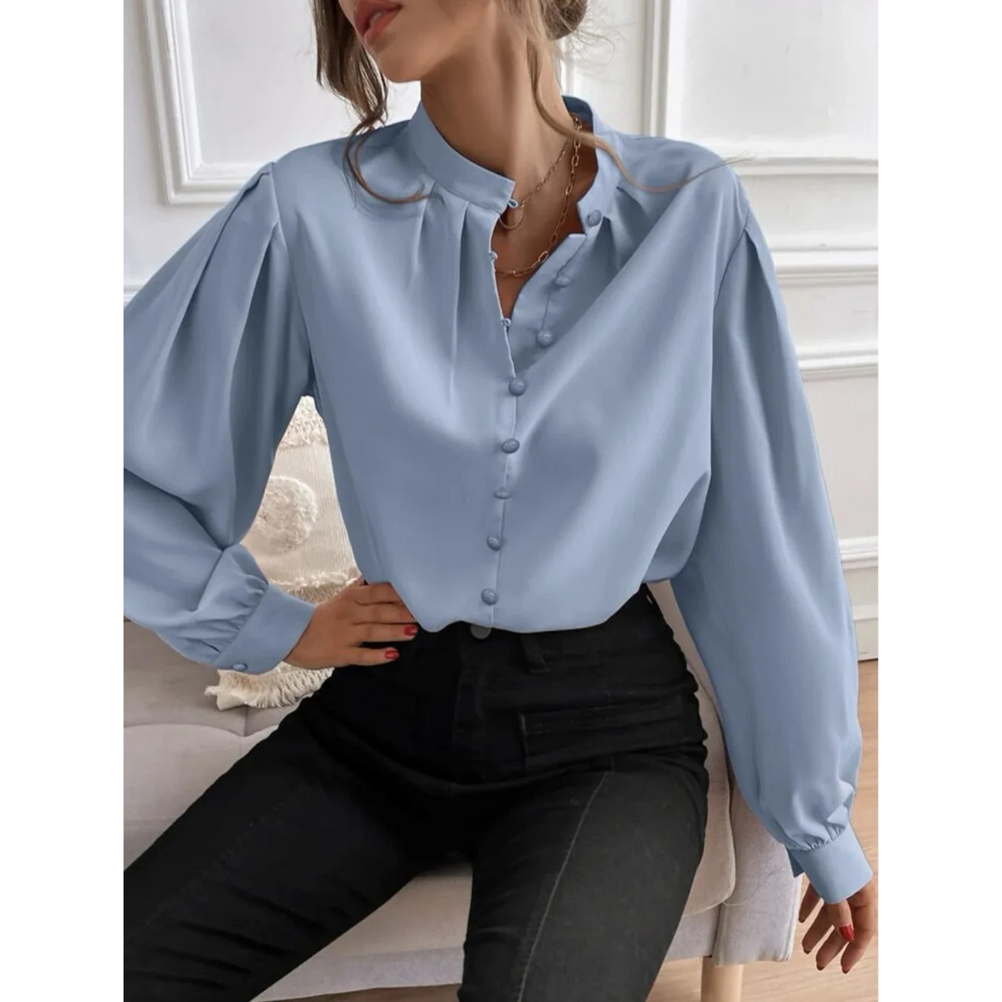 WW | White Elegant Women's Blouse with Floral Pattern and Collar