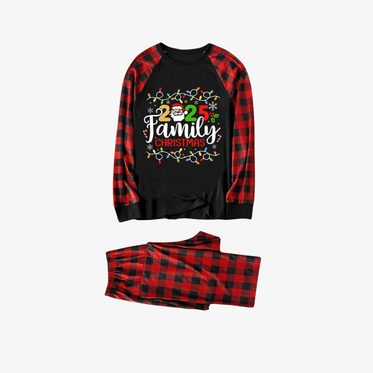 WW | Red and Black Plaid Christmas Pajama Set with Christmas Lights and "2025 Family Christmas" Text Print