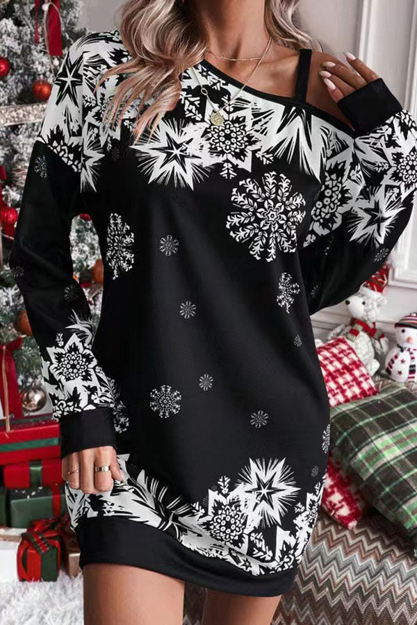 WW | Weihnachts-Schneeflocke Kalt-Schulter Lockeres Sweatshirt Mini Kleid