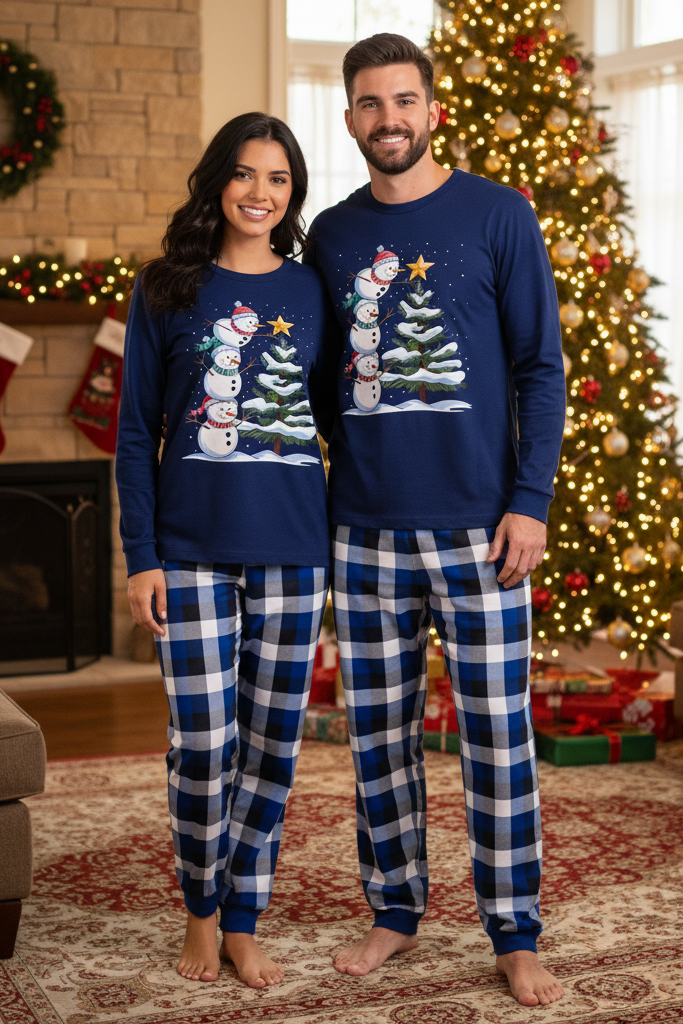 WW | Pair Blue Plaid Snowman & Christmas Tree Print Pajama Set