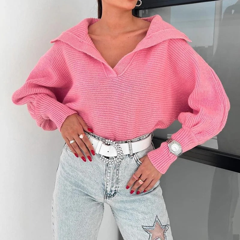 WW | Cozy knitted sweater with lantern sleeves and open collar