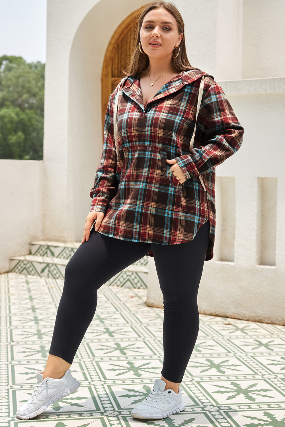 WW | Fiery Red Plus-Size Plaid Kangaroo Pocket Drawstring Hoodie