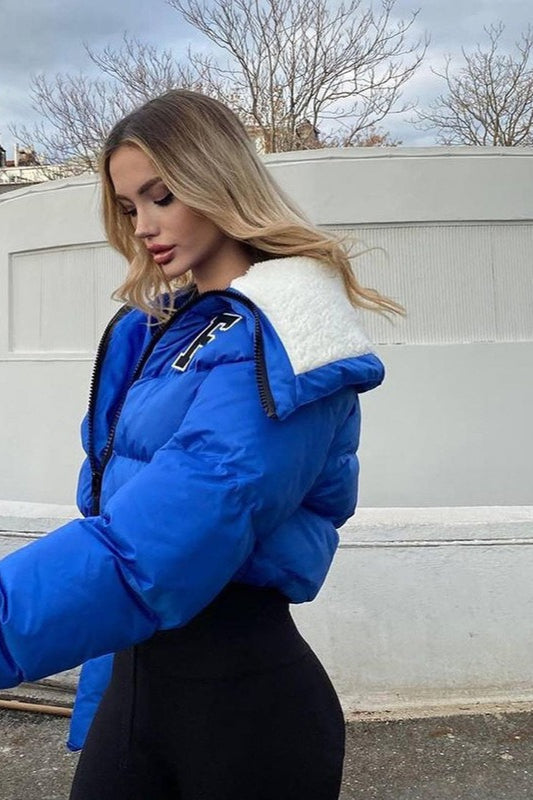 WW | Fleece-Patchwork-Faux-Fur-Kragen-Puffer-Jacke