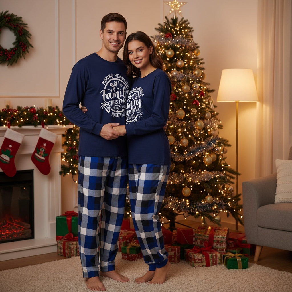 WW | Christmas Couple Blue Plaid Pajamas with Make Memories Together 2025 Print