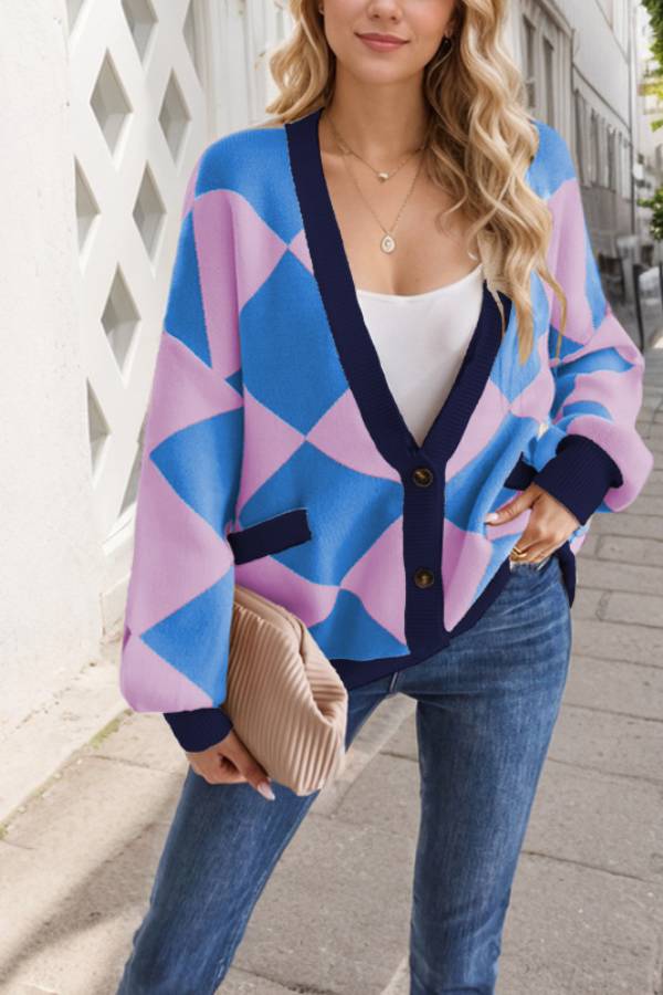 WW | Hals Diamantstich Kontrastfarbe Lockere Gestrickte Cardigan Jacke für Frauen