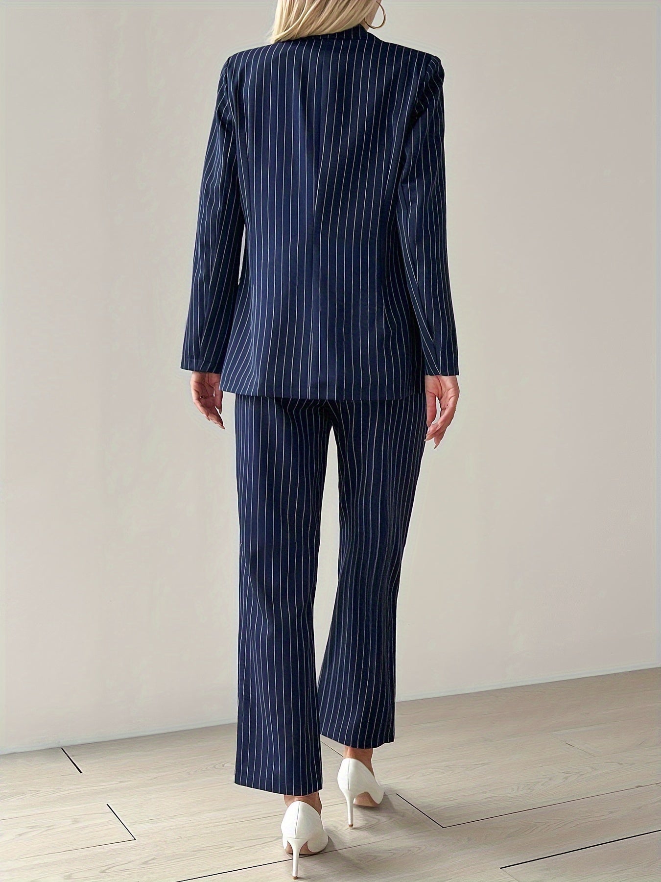 WW | Striped Button-Front Long Sleeve Blazer & High-Waisted Straight Leg Pants Outfit Set for Women - For Formal Occasions