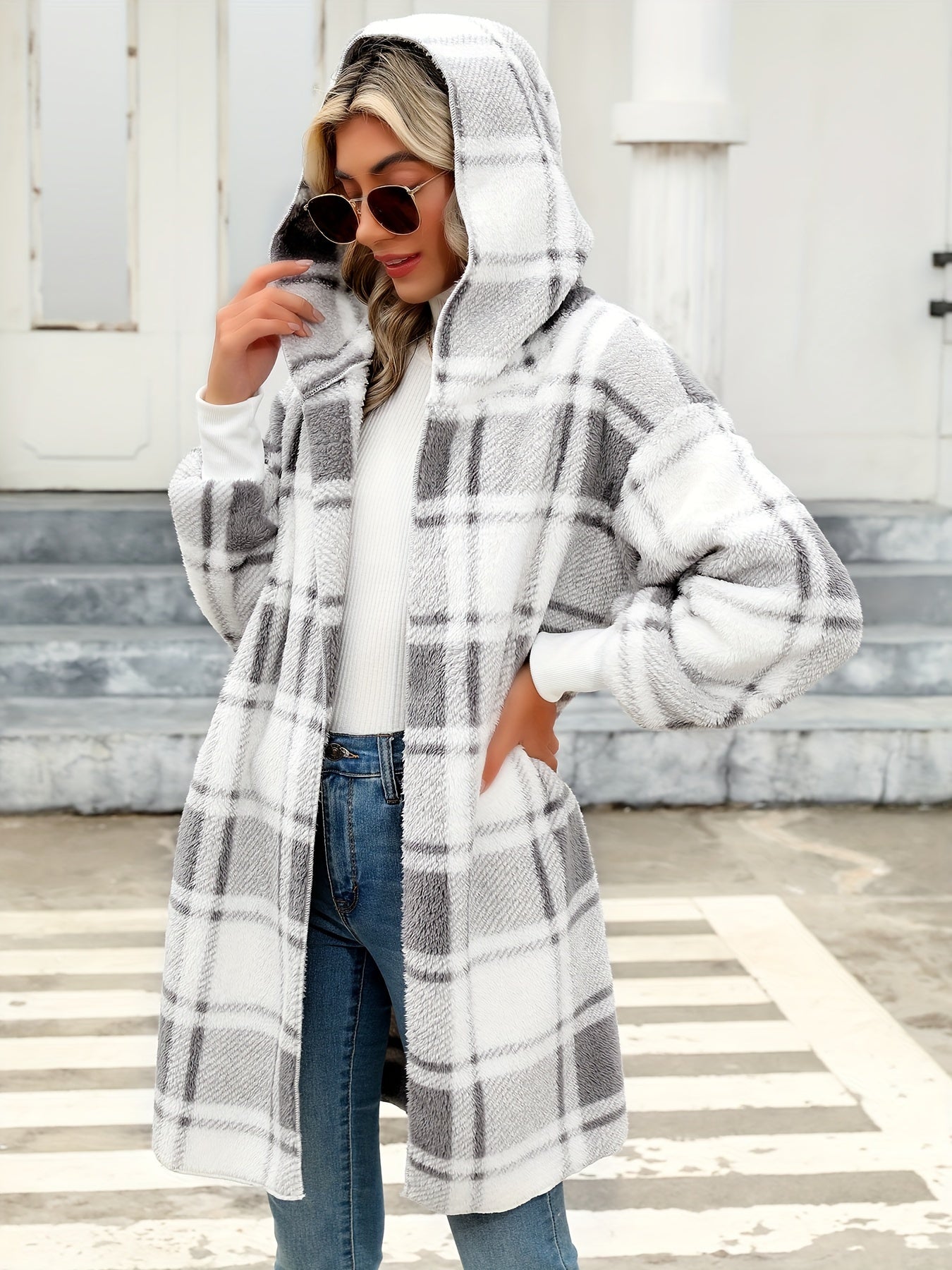 WW | Women's Hooded Plaid Fleece Knit Cardigan - Perfect for Everyday Wear