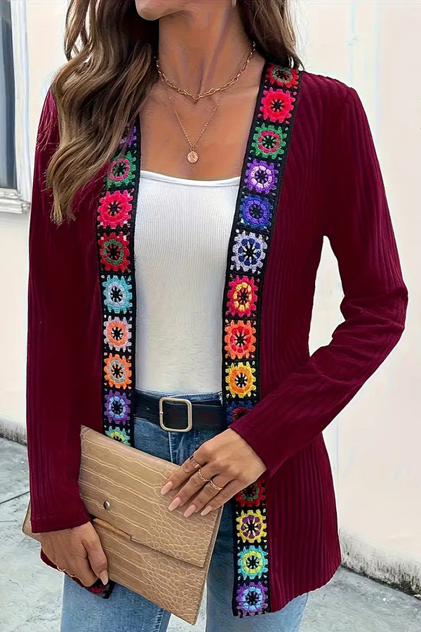 WW | Boho knit cardigan with floral trim and long sleeves