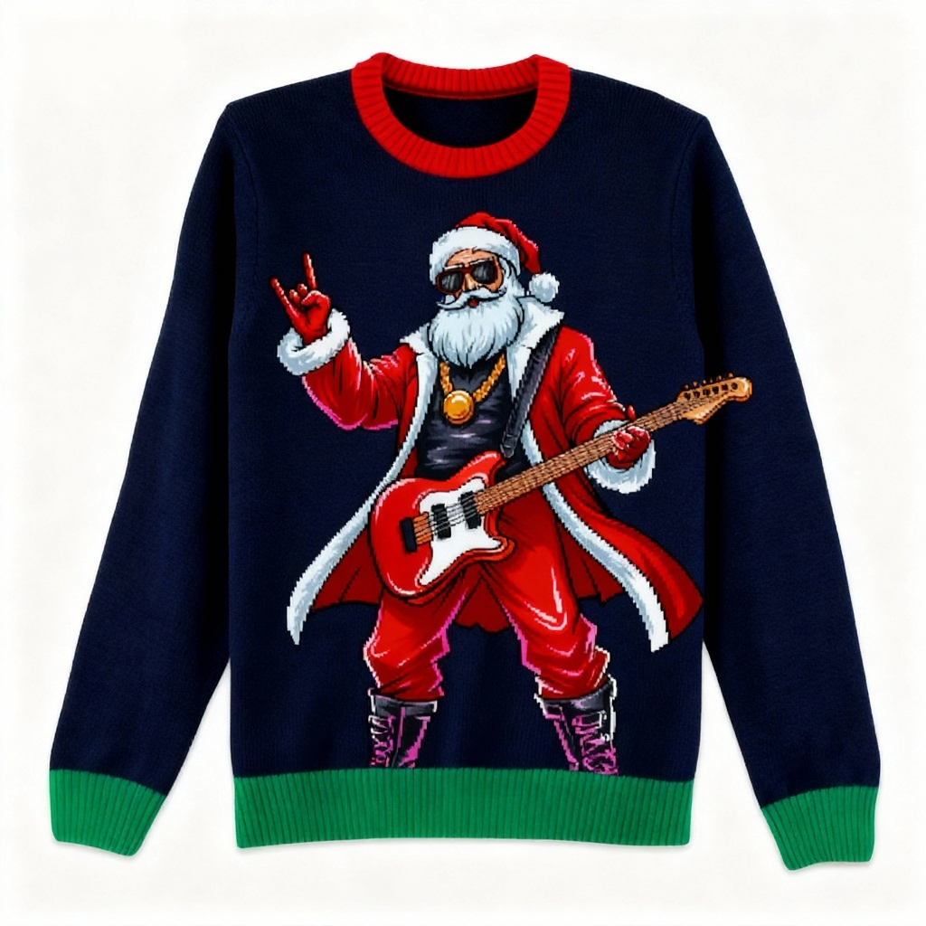 WW | Rock Star Santa Print Holiday Pullover - Deliberately Festive Quirky