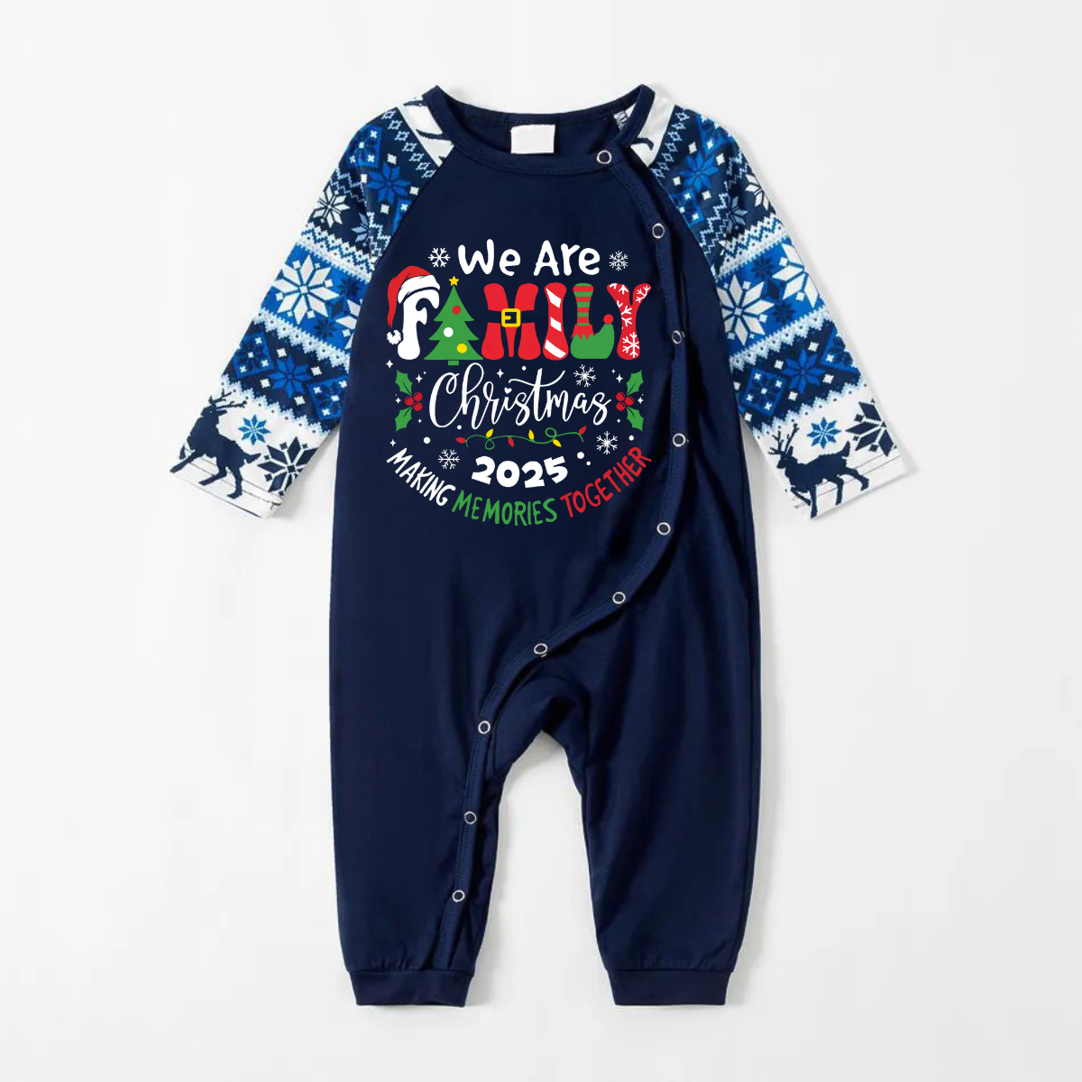 WW | "We Are Family 2025 Christmas Memories Made Together" Slogan Print Blue Long-Sleeve with Blue Floral Pants Family Matching Pajama Sets