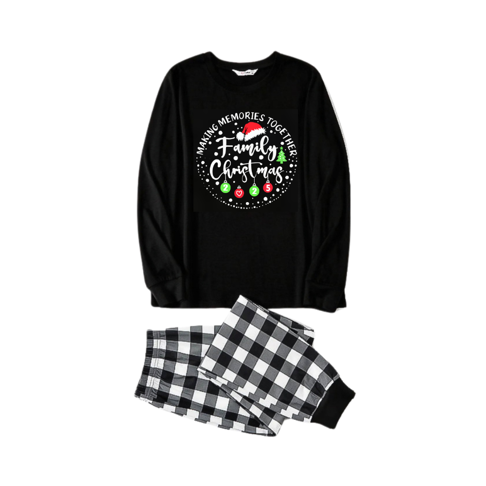 WW | " GEMEINSAME ERINNERUNGEN FAMILIENWEIHNACHTEN 2025" Textmuster - Schwarzes Langarmshirt mit schwarz-weißen Karohosen Familie Passende Schlafanzüge