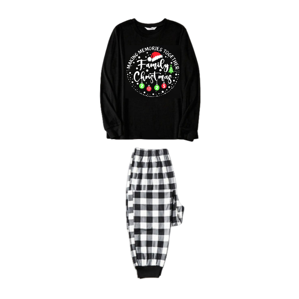 WW | " GEMEINSAME ERINNERUNGEN FAMILIENWEIHNACHTEN 2025" Textmuster - Schwarzes Langarmshirt mit schwarz-weißen Karohosen Familie Passende Schlafanzüge
