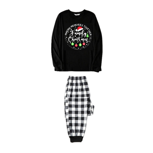 WW | " SHARED MEMORIES FAMILY CHRISTMAS 2025" Text Pattern - Black Long Sleeve Shirt with Black and White Plaid Pants Family Matching Pajamas