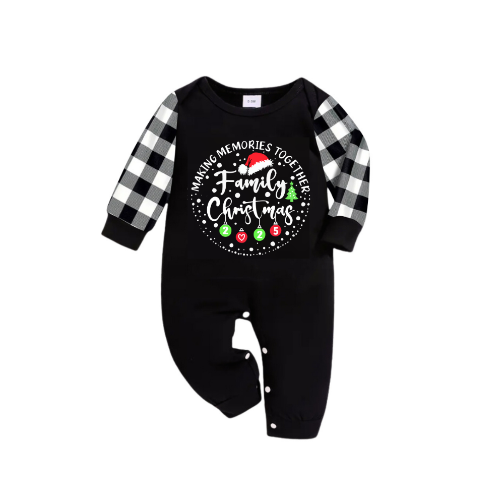 WW | " GEMEINSAME ERINNERUNGEN FAMILIENWEIHNACHTEN 2025" Textmuster - Schwarzes Langarmshirt mit schwarz-weißen Karohosen Familie Passende Schlafanzüge