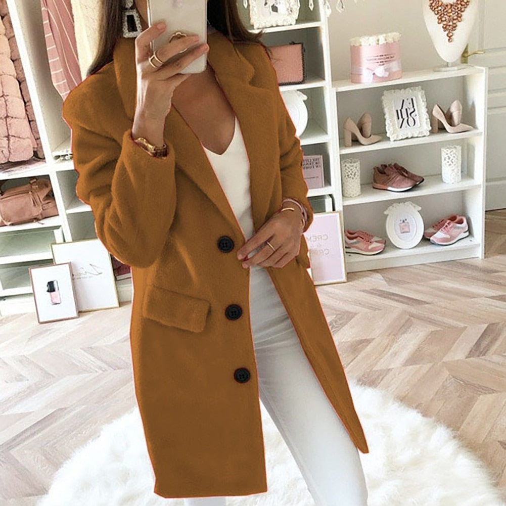 WW | Women's Tailored Coat - Wool Blend - Lapel Collar - Mid-length - Button Fastening