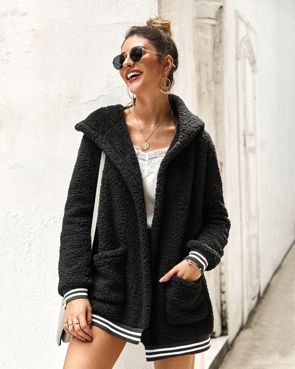 WW | Fleecejacke Übergroß Sherpa Kapuze Und Große Taschen Weich Und Warm