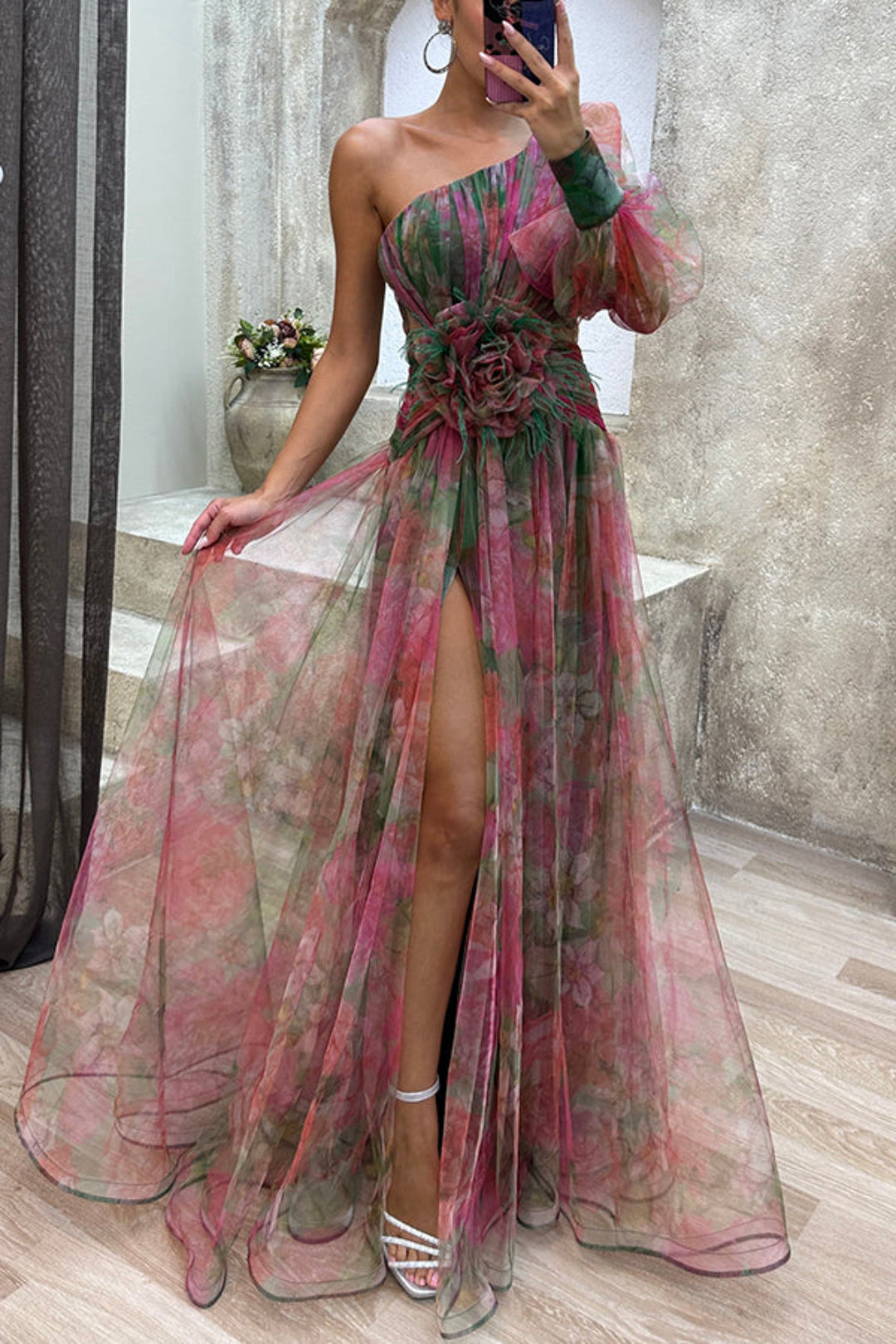 Janie - Elegant One-Shoulder Dress with Floral Print