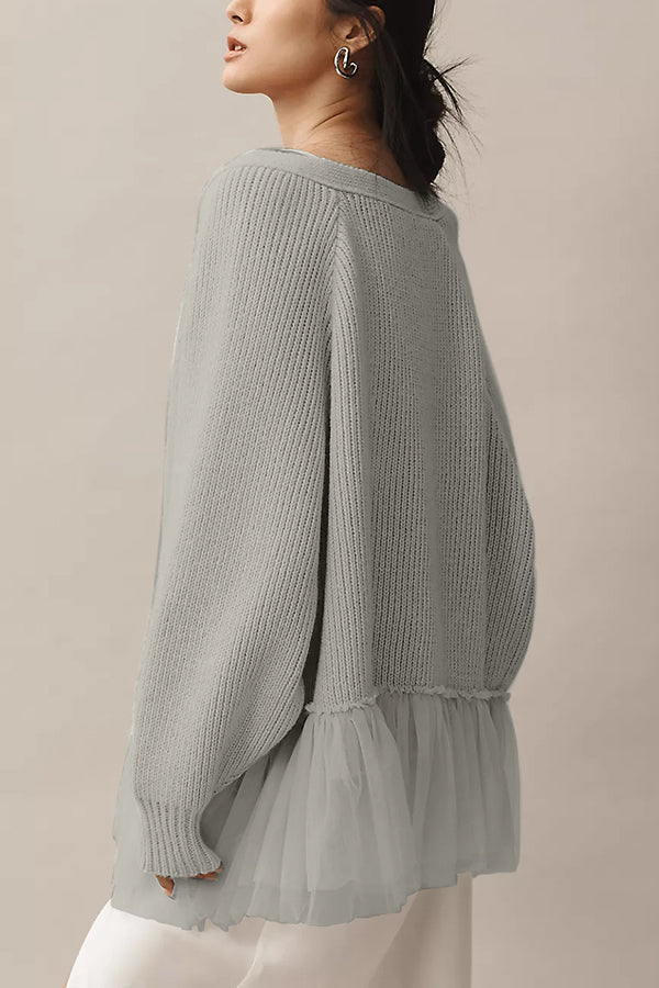 WW | Knit cardigan with mesh ruffle and long sleeves