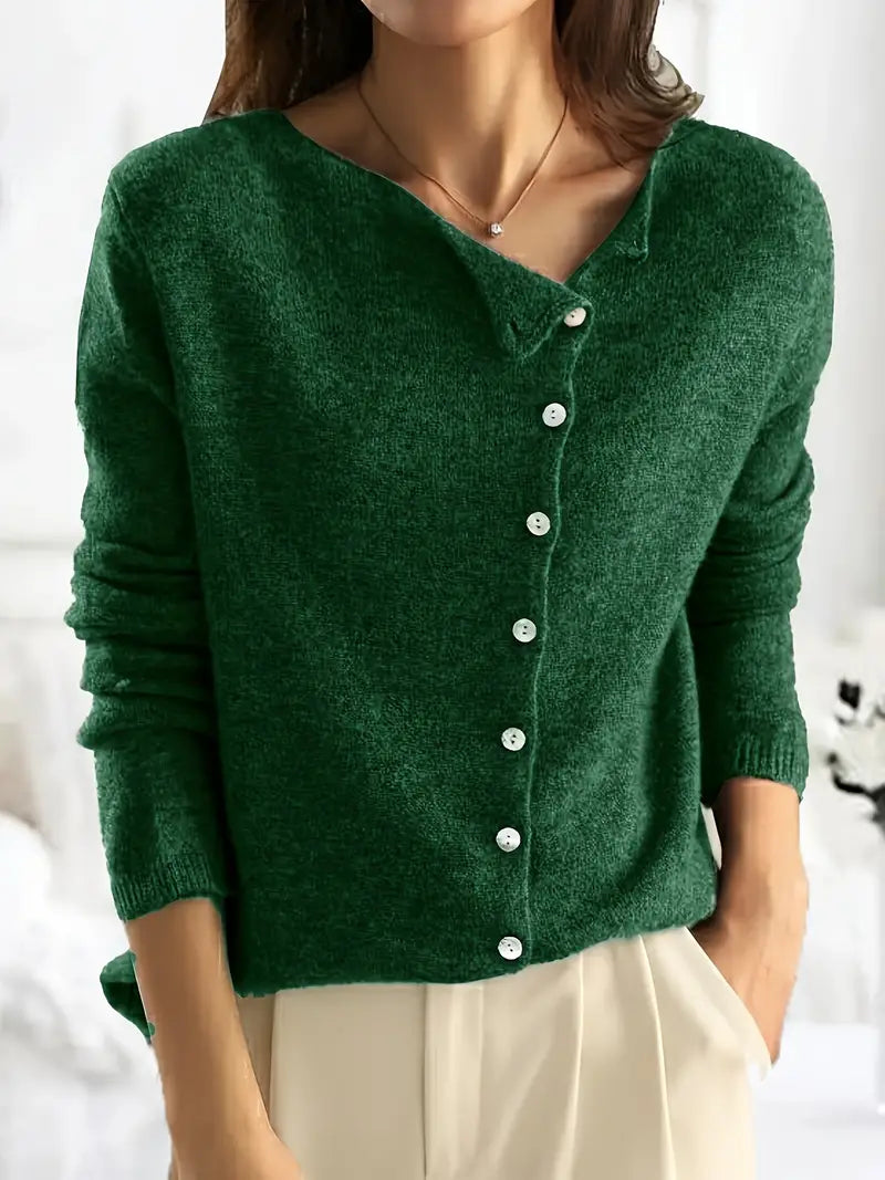 WW | Strickjacke Wollmischung Asymmetrischer Knopfverschluss Lockere Passform V-Ausschnitt