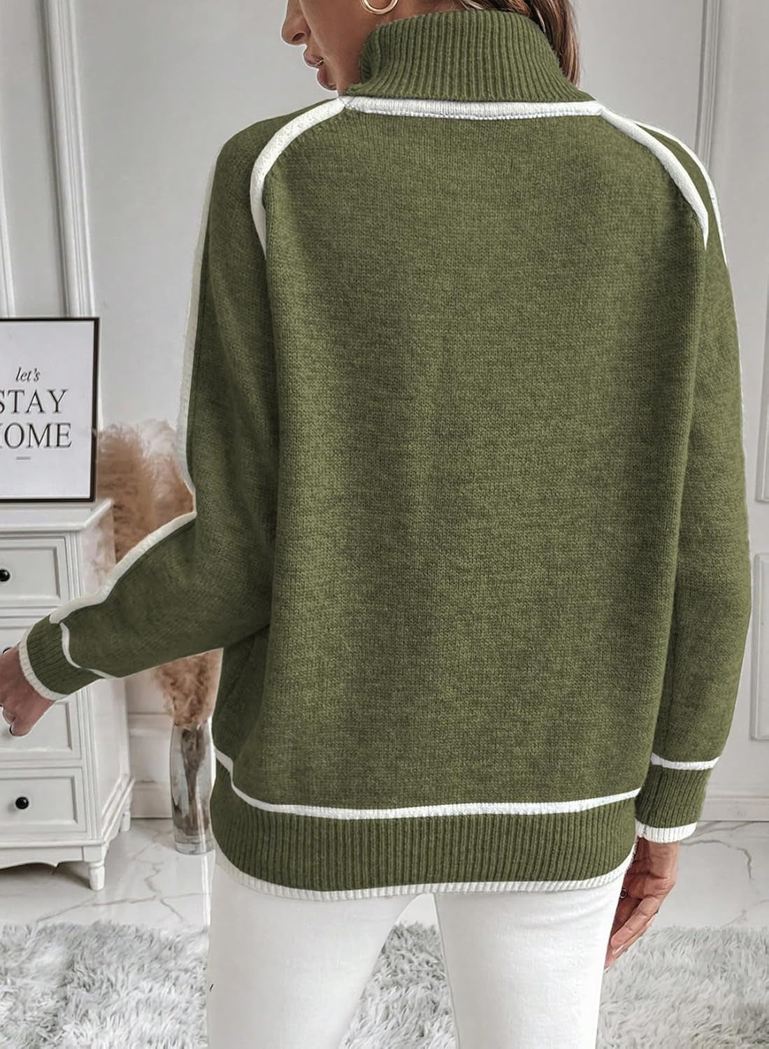 WW | Women's Turtleneck Sweater with Contrasting Seams - Casual Oversized Sweater