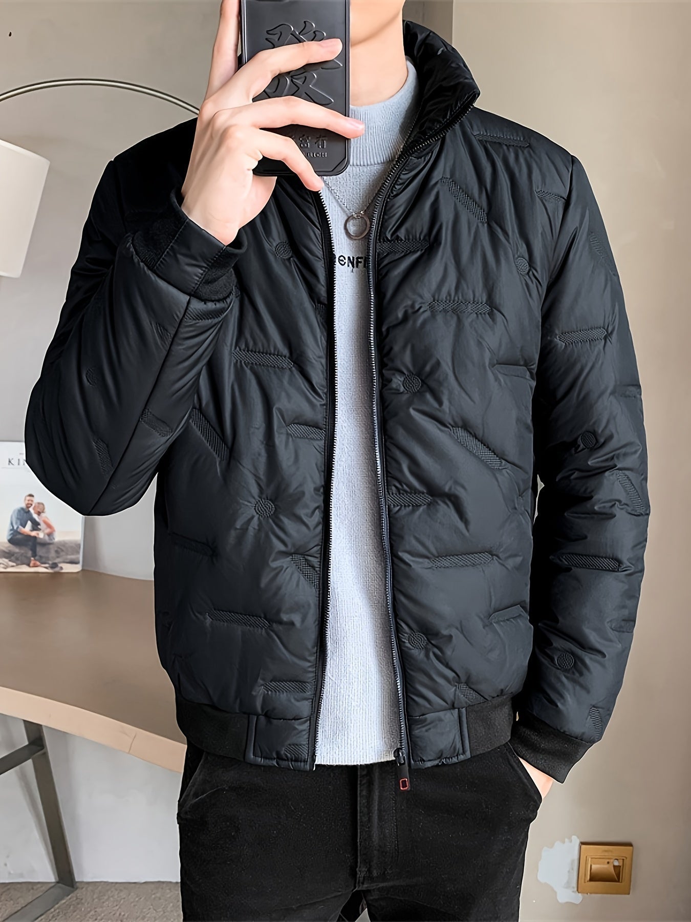 WW |  Schwarze Baumwoll Winddichte Und Warme Langärmelige Winterjacke Für Herren - Perfekt für kalte Tage