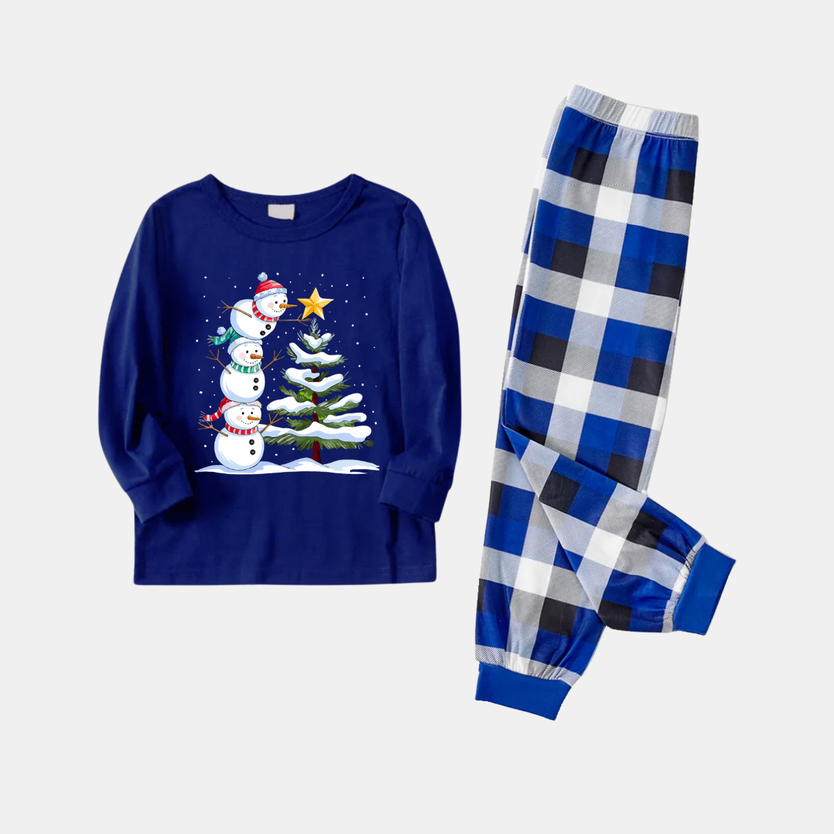 WW | Pair Blue Plaid Snowman & Christmas Tree Print Pajama Set