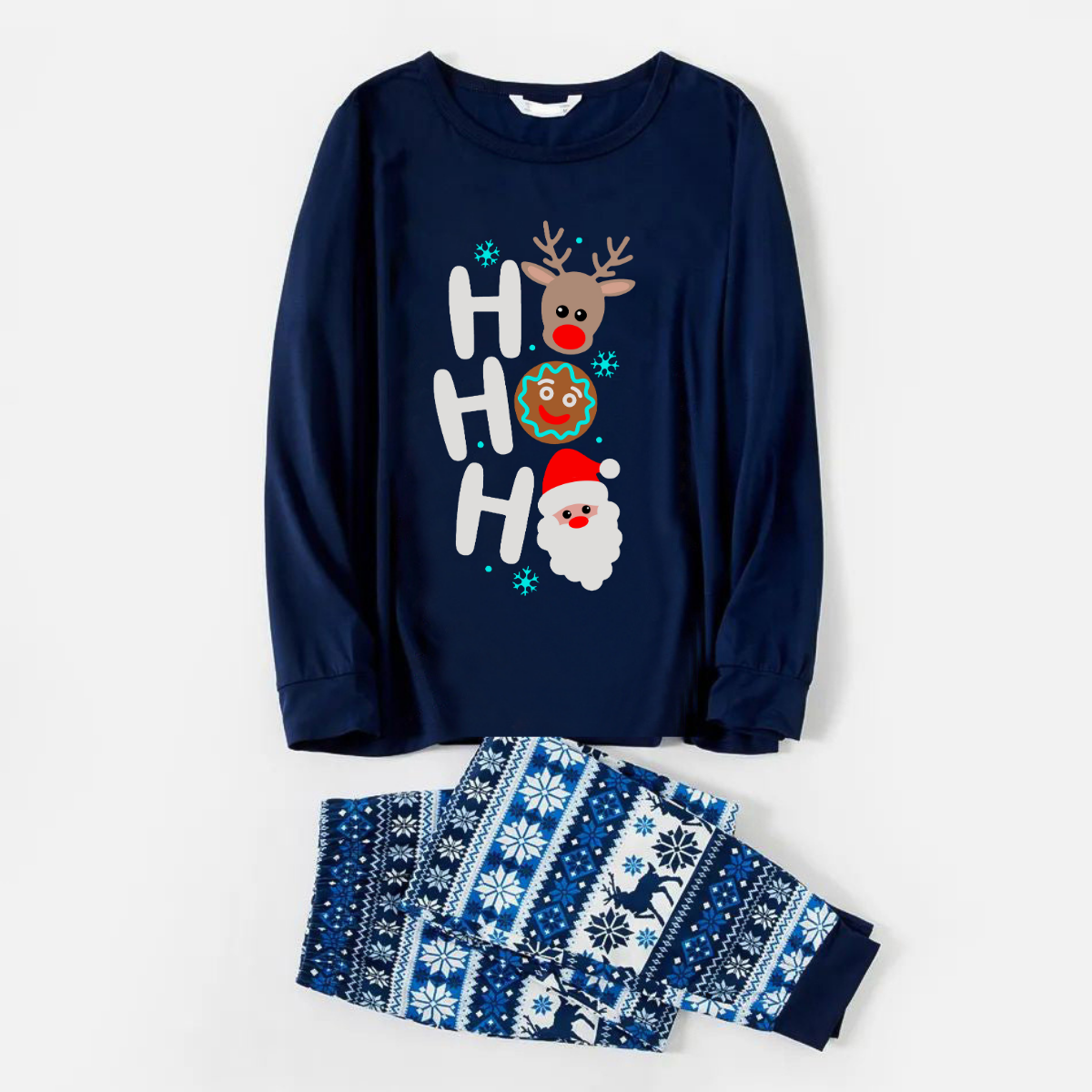 WW | HO HO HO Text and Santa Print Blue Family Christmas Matching Pajamas