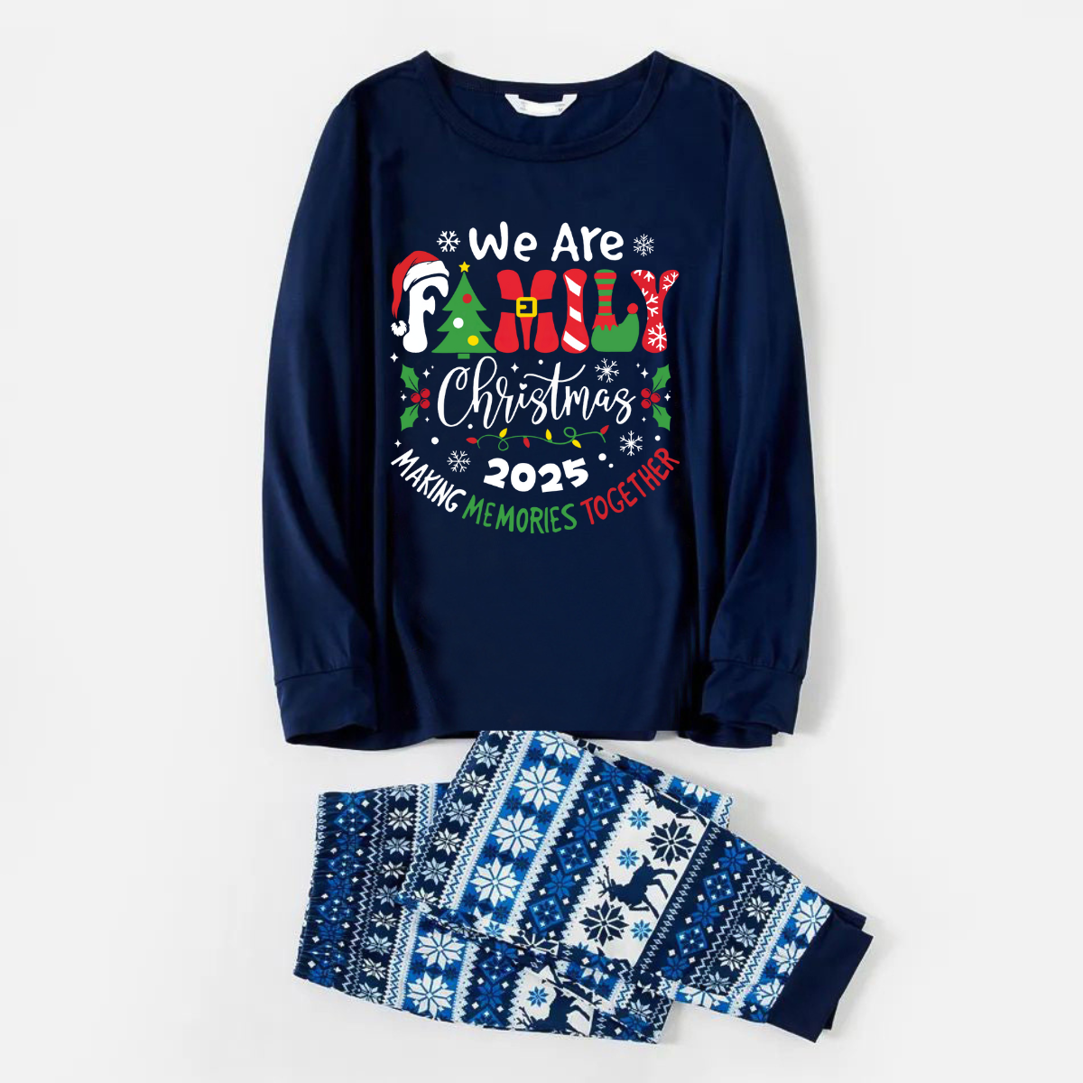 WW | "We Are Family 2025 Christmas Memories Made Together" Slogan Print Blue Long-Sleeve with Blue Floral Pants Family Matching Pajama Sets