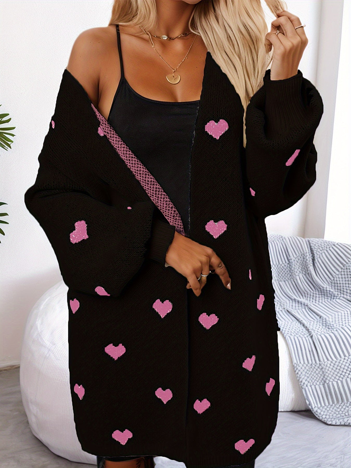 WW | Heart Pattern Long Length Wool Cardigan For Women - Ideal for Winter