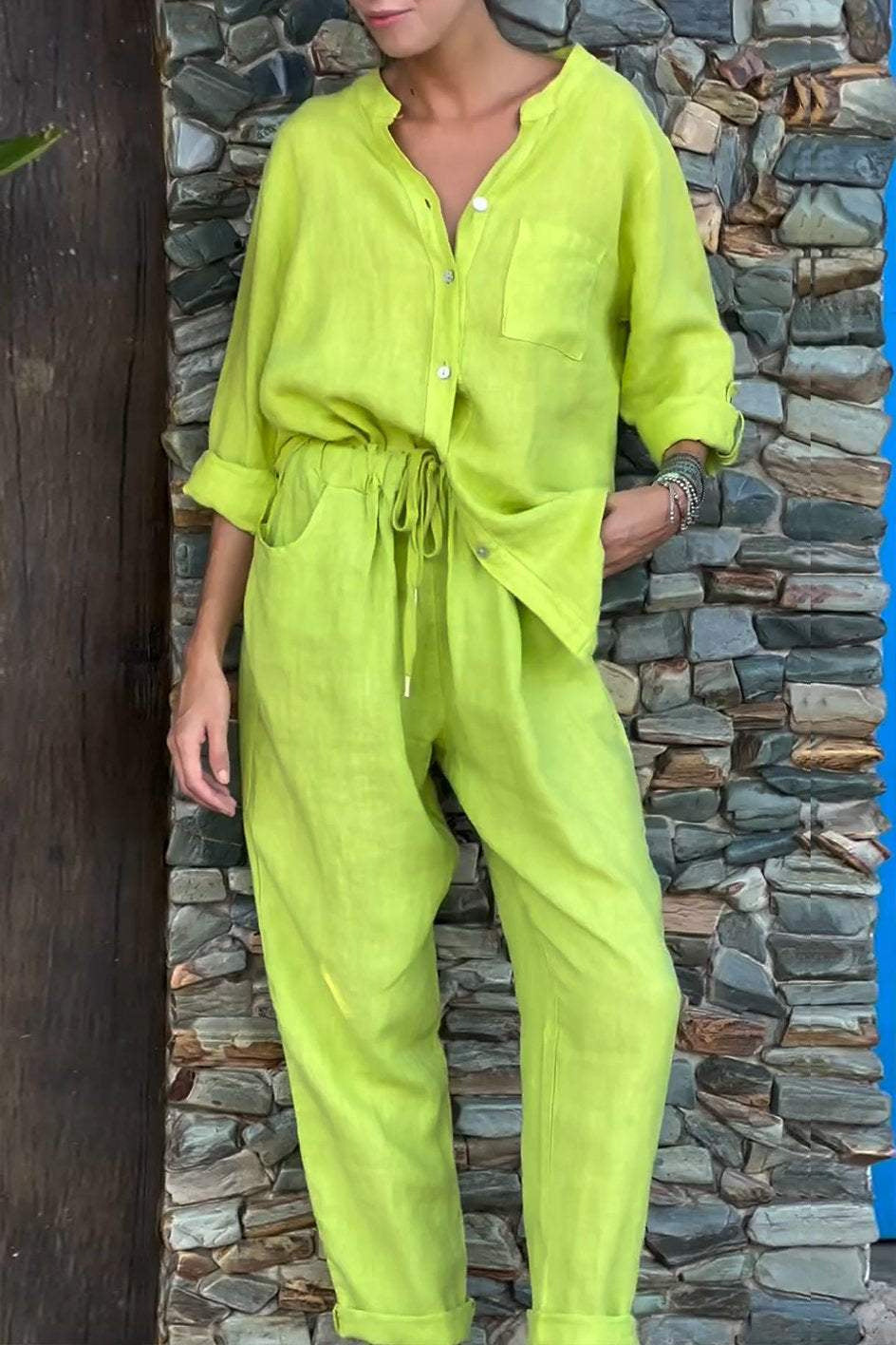 V-neck shirt and cotton trousers