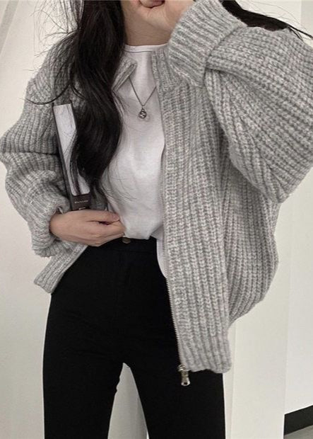 WW | Reißverschluss Chunky Strickcardigan - Oversized Rippstrickjacke