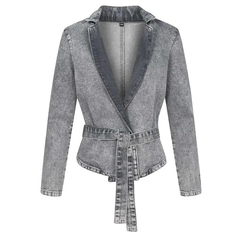 WW | Casual denim jacket with belt, stand-up collar and long sleeves