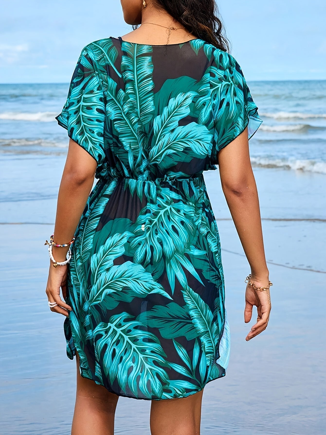 WW | Bohemian Strandkleid mit Porzellan Mini Druck und V-Ausschnitt