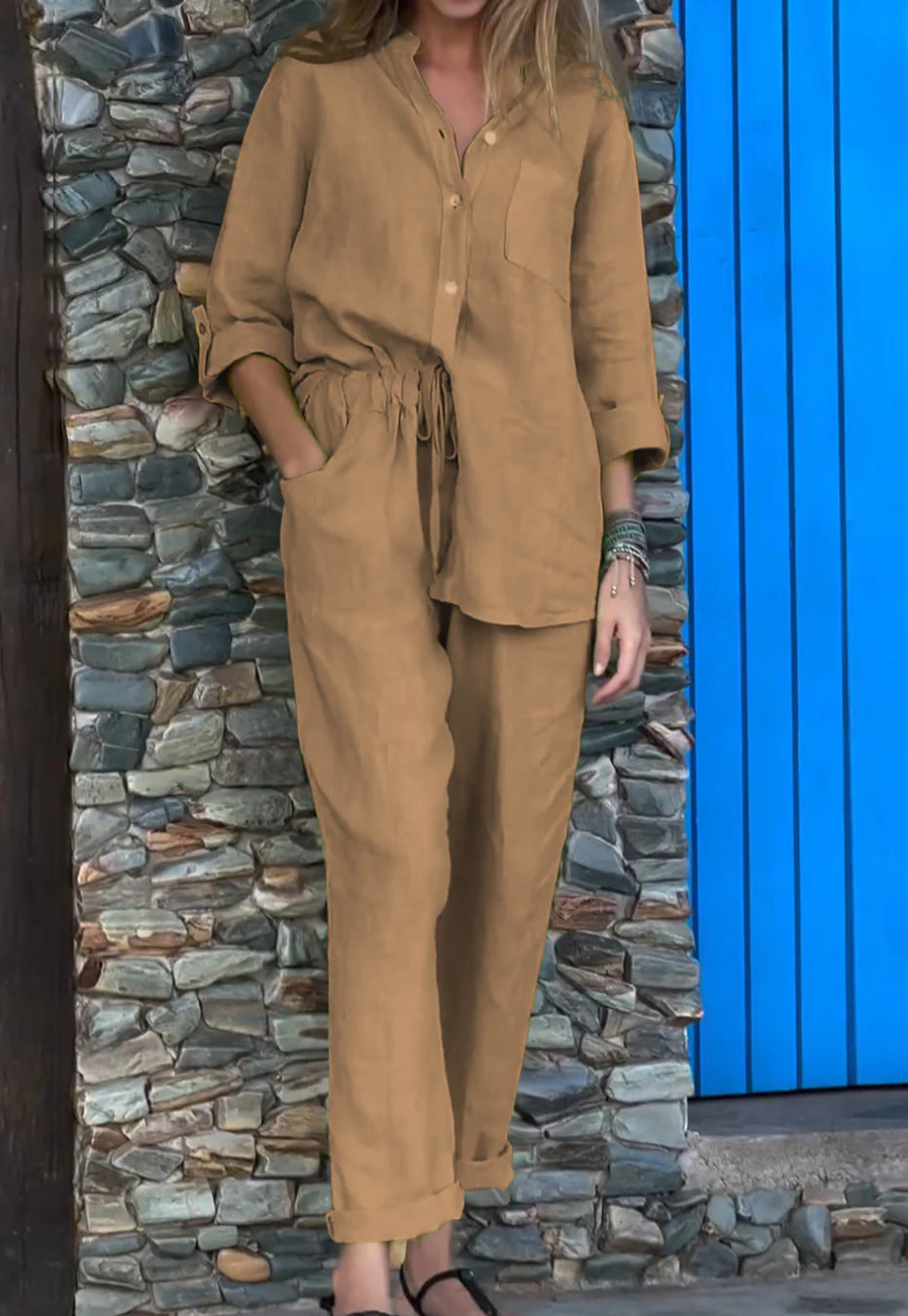 V-neck shirt and cotton trousers