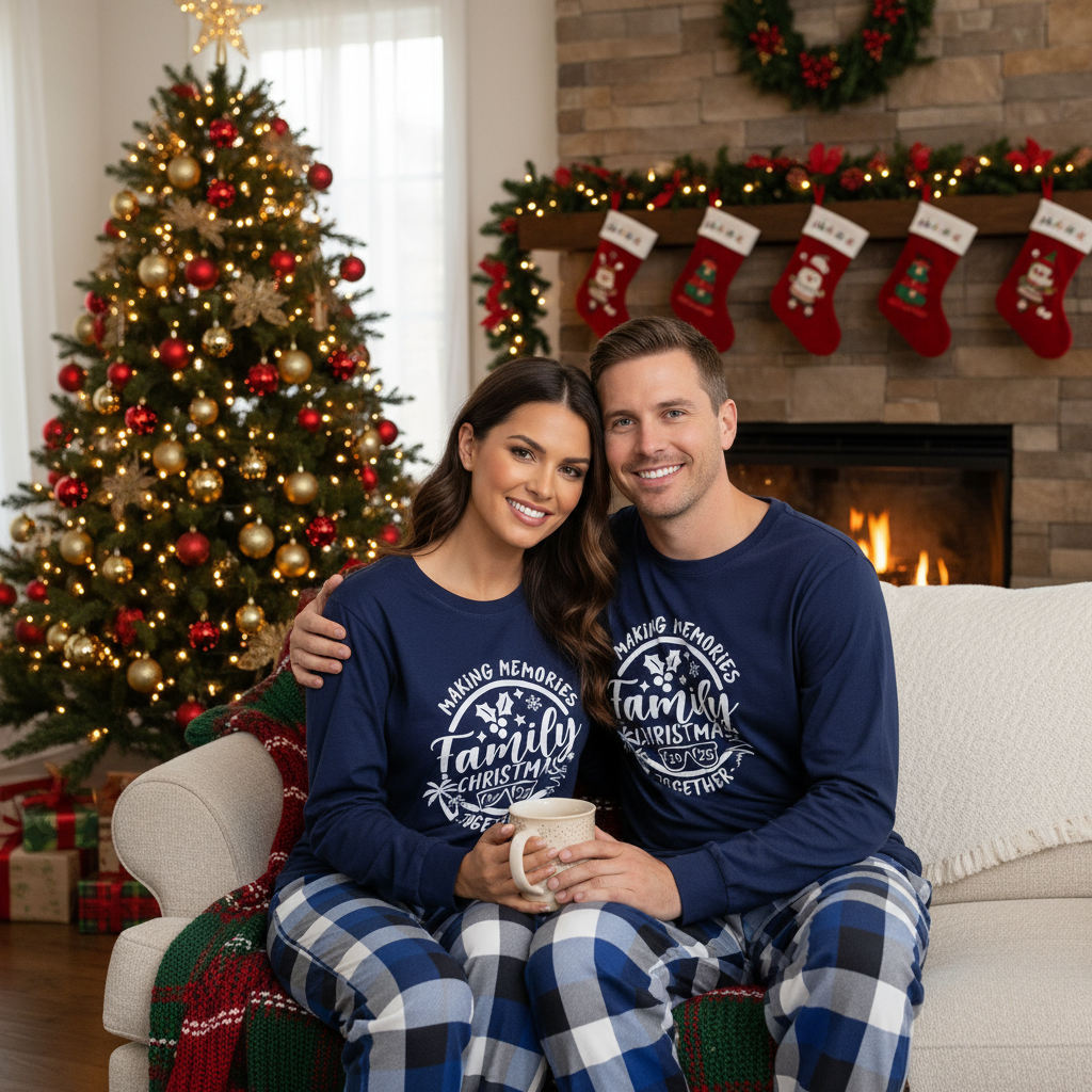 WW | Christmas Couple Blue Plaid Pajamas with Make Memories Together 2025 Print