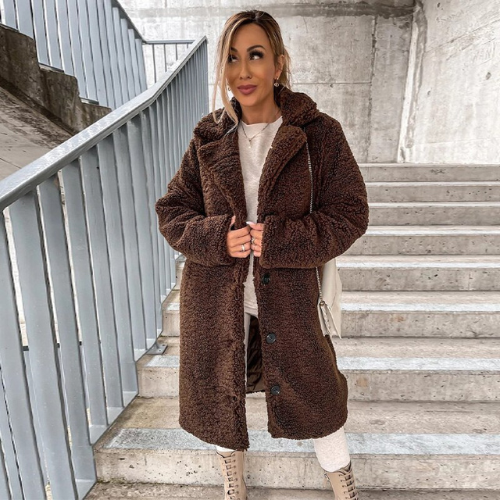 WW | Women's Long Coat - Faux Fur Fleece - Plus Size - Lapel Collar - Button Closure