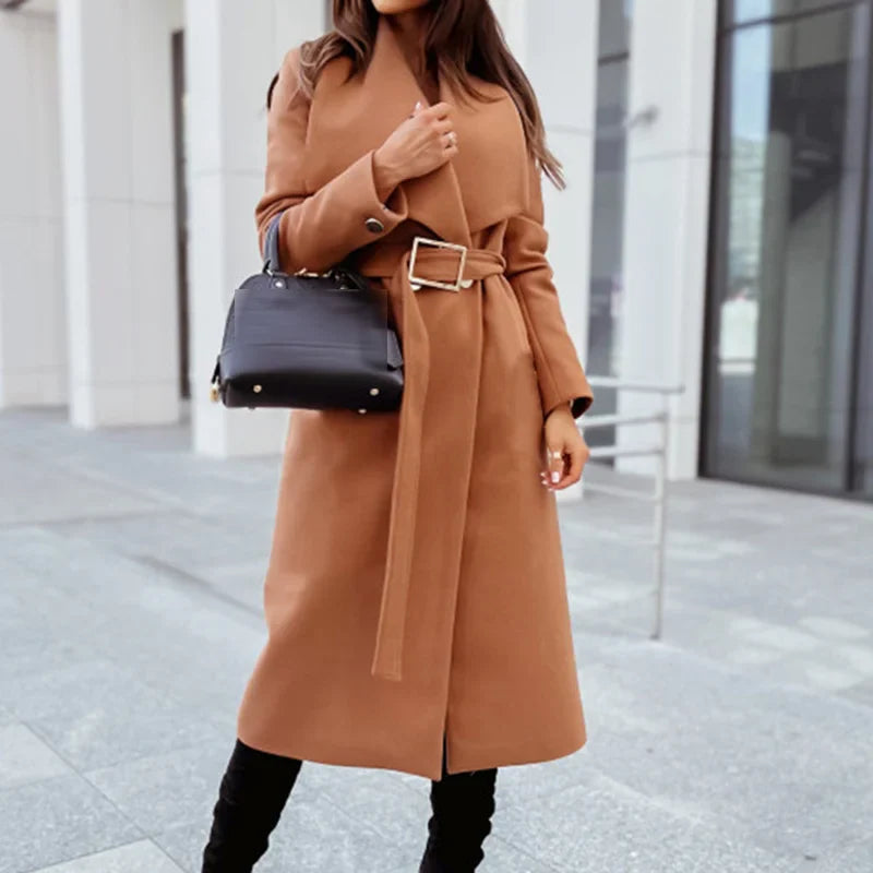 WW | Women's Coat - Tailored Design - Wide Lapels - Buckle Belt