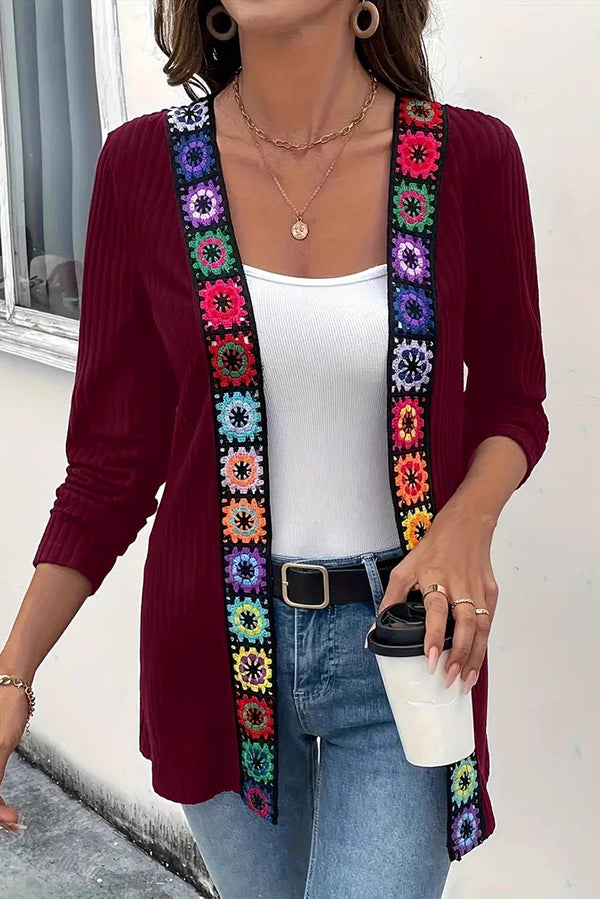 WW | Boho knit cardigan with floral trim and long sleeves